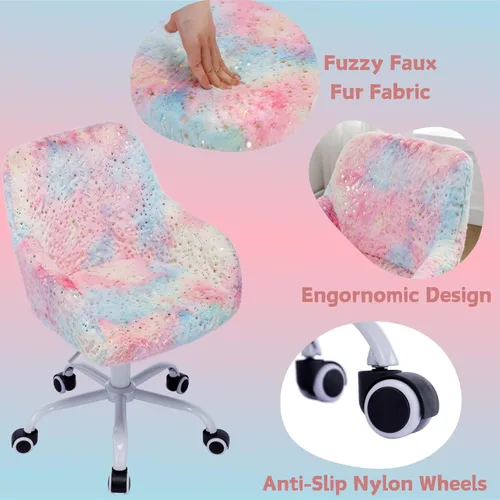Miniatura 5 de LukeAlon Silla de escritorio ajustable para niños, silla de estudio peluda con base giratoria, bonita silla de lectura tapizada de piel sintética