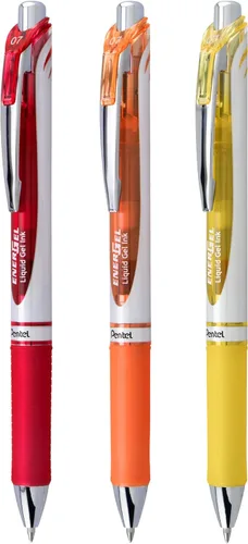 Miniatura 2 de Pentel EnerGel RTX Bolígrafo Retráctil de Gel Líquido, Happiness Hue, 0.7mm, Tinta Roja, Naranja y Amarilla, Paquete de 3 Bolígrafos (BL77HAPBP3M)
