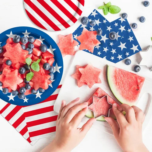 Miniatura 5 de Suministros de fiesta patriótica de bandera estadounidense, platos de papel desechables para cenas, platos de papel para postres, servilletas