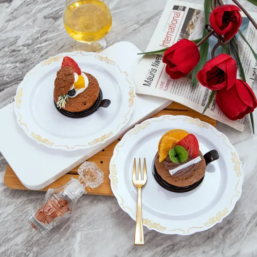 Miniatura 6 de LIYH - 200 platos de postre dorados, 100 platos de aperitivo de 7.5 pulgadas y 100 tenedores de plástico dorados de 5 pulgadas, platos para Oro
