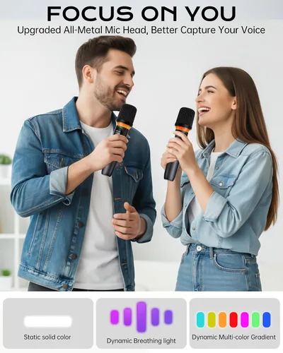 Miniatura 6 de Micrófono inalámbrico, silencio de un solo toque e iluminación RGB dinámica, micrófono dinámico de mano dual de grado profesional, alcance ultra