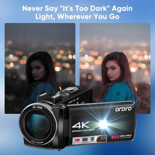 Miniatura 3 de ORDRO Cámara de video, videocámara FHD 64MP 4K, cámaras WiFi para vlogging para YouTube con visión nocturna IR, zoom digital 18X 3.0 pulgadas