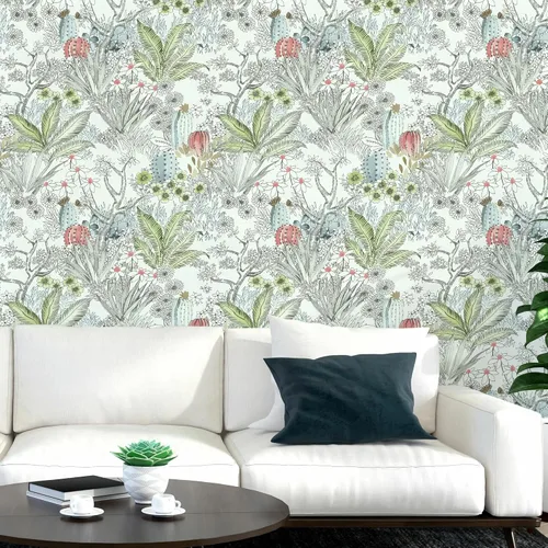 Miniatura 8 de Wudnaye Papel tapiz bohemio para despegar y pegar, papel tapiz Catus de 17.7 x 118.1 pulgadas, papel tapiz floral vintage para despegar y pegar