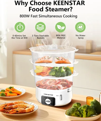 Miniatura 3 de Vaporizador eléctrico de alimentos para cocinar, vaporizador de verduras de 13.7 cuartos de galón con cestas de 3 niveles sin BPA, cocción