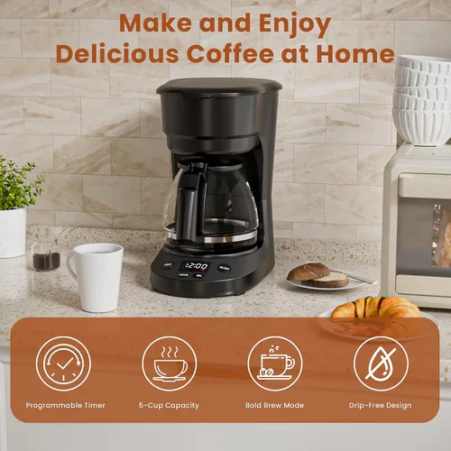 Miniatura 5 de WAA Cafetera de goteo programable de 5 tazas, cafetera portátil con olla de vidrio y filtro reutilizable, plato para mantener el calor, retrasar