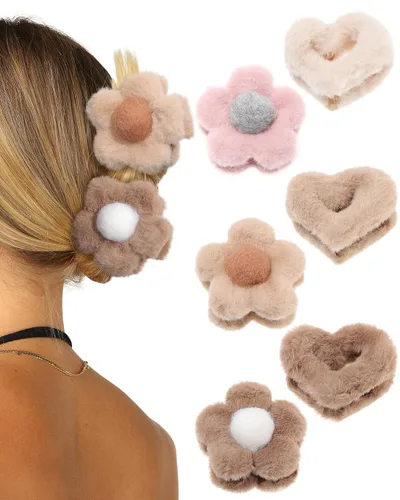 Pinza de felpa esponjosa para el cabello, 6 unidades, lindas pinzas para el cabello para mujeres, pasadores peludos para el cabello y niñas (flor +