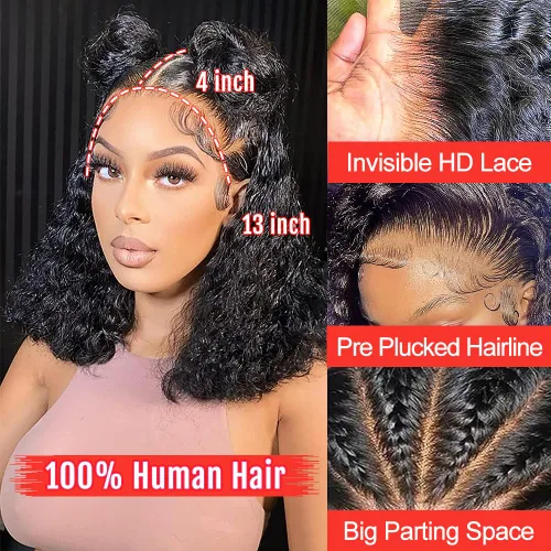 Miniatura 3 de FIRIEYA - Peluca Bob rizada de pelo humano, 220 densidad, 13x4 encaje frontal HD, pelo humano prearrancado, rizado profundo, sin pegamento, pelucas