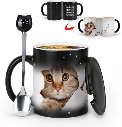 Miniatura 10 de Tazas únicas para gatos, tazas de café que cambian de color de 11 onzas – The Fish is Delicious – Taza de Halloween con tapa negra y cuchara