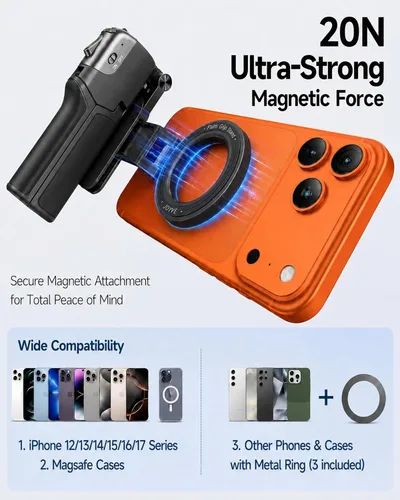 Miniatura 7 de Magnetic Mini Selfie Stick Tripod for iPhone & Android, 19" Pocket Size 4-in-1 Phone Camera Grip with Rechargeable Remote & Ergonomic Handle, for