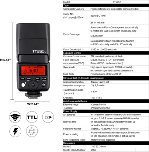 Miniatura 8 de GODOX TT350C TTL Flash para Canon, 2.4G GN36 Mini cámara Flash Speedlite HSS 1/8000s, aproximadamente 210 destellos de potencia completa, 0.1-2.2s