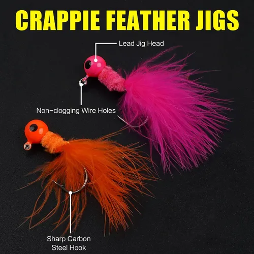 Miniatura 3 de Crappie Jig - Señuelos de pesca, 30 piezas de plumas de marabú, anzuelos de cabeza de calabú, plantilla de cola de cubo, teaser de pesca atados a