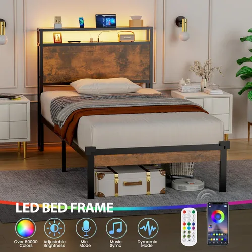 Miniatura 3 de Flolinda Base de cama individual con cabecero, plataforma de metal tamaño individual con luces LED y estación de carga, marco de cama individual