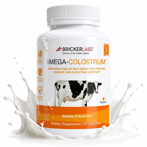 Cápsulas de Mega-Calostro de Bricker Labs, Salud Intestinal, Inmunidad, Piel y Cabello, Suplemento de Calostro Bovino de 1000 mg 40% IgG, Rico en