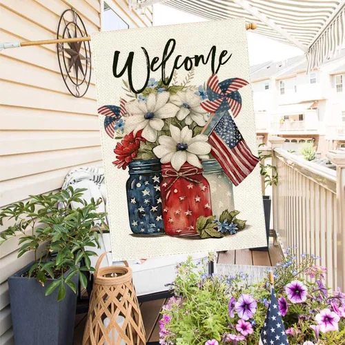 Miniatura 4 de RABUSOFA Bandera patriótica para casa del 4 de julio, 28 x 40 pulgadas, doble cara para exterior, frasco de masón americano de bienvenida, flores