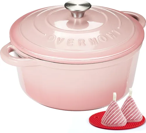 Miniatura 13 de Overmont Horno holandés de hierro fundido esmaltado, olla de 5.5 cuartos de galón con tapa de asas anchas, libro de cocina y agarraderas de algodón