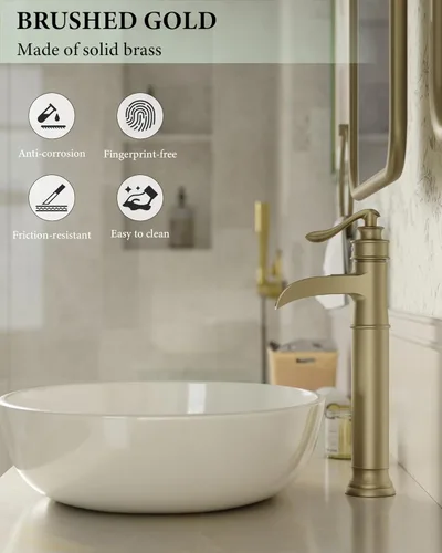 Miniatura 4 de Grifo de lavabo de lavabo de oro cepillado, grifo de baño alto de una sola manija, grifo de fregadero de un solo orificio con ensamblaje de drenaje