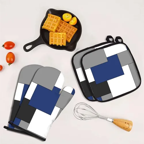 Miniatura 4 de MCALK Juego de 5 guantes de horno y soportes para ollas color azul marino, guantes de horno negros y almohadillas calientes para cocina de cocina
