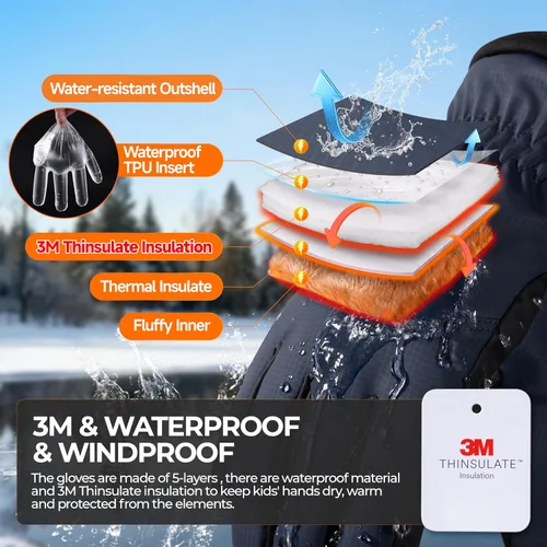 Miniatura 5 de rivmount Guantes de esquí Thinsulate para niños y niñas, impermeables, cálidos, para niños y niñas, jóvenes, esquí al aire libre, ciclismo, nieve