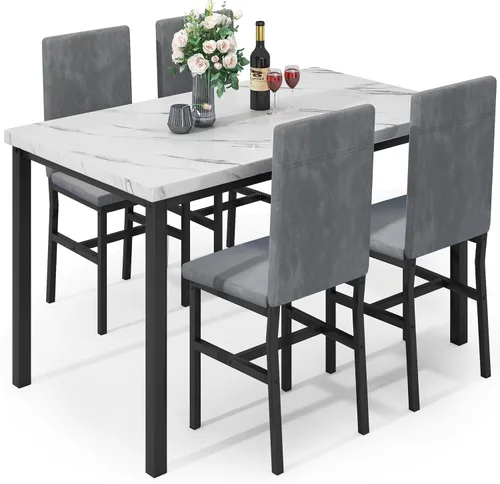 Hooseng Juego de mesa de comedor de 5 piezas para 4 personas con parte superior de mármol sintético y sillas de terciopelo, juego de mesa de cocina