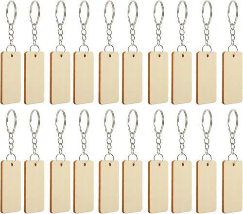 Miniatura 8 de 100 piezas de llavero de madera: llaveros en blanco de madera, llaveros en blanco para grabar, rectangulares con colgantes y anillos