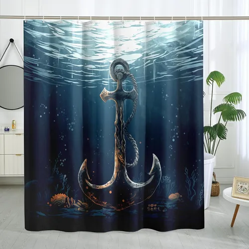 Juego de cortinas de ducha con diseño de ancla de mar, cortina de ducha con temática náutica, estilo vintage, retro, decoración de baño, tela de