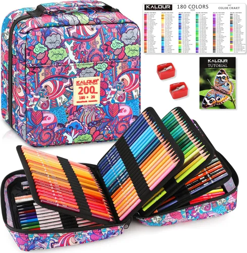 KALOUR PDAS - Juego de 200 lápices de colores para libros de colorear para adultos con tutorial y tabla de colores, 180 lápices de colores para