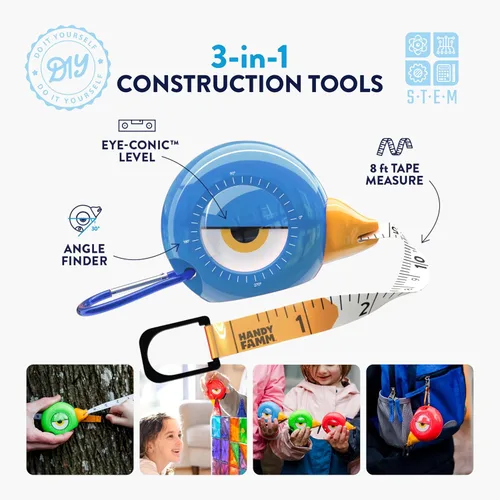 Miniatura 2 de Handy Famm Cinta métrica de pájaro azul de 8 pies para niños, herramienta educativa STEM con nivel, transportador, diseño retráctil, juguete