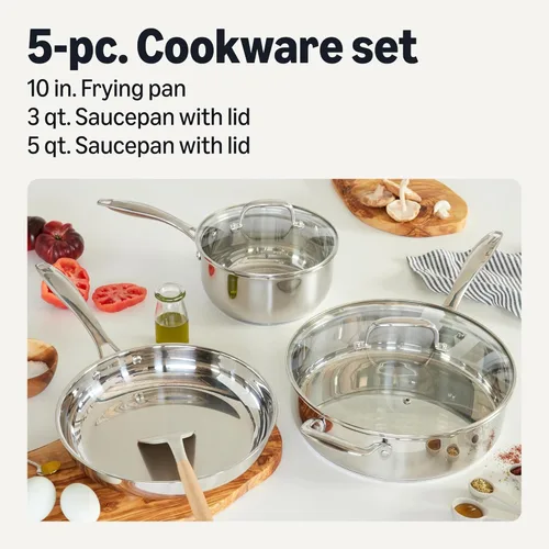 Miniatura 2 de Amazon Basics Juego de utensilios de cocina de acero inoxidable, juego de 5 piezas, apto para todas las placas de cocina, aptos para lavavajillas