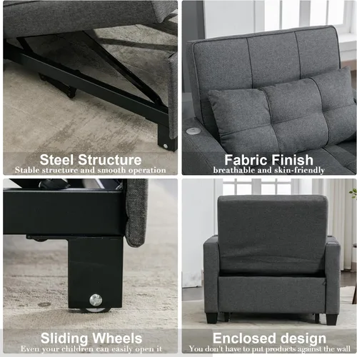 Miniatura 4 de Silla cama cama convertible ajustable con almohada, silla extraíble con puertos USB, antiarañazos, para sala de estar, dormitorio, apartamento, Lino