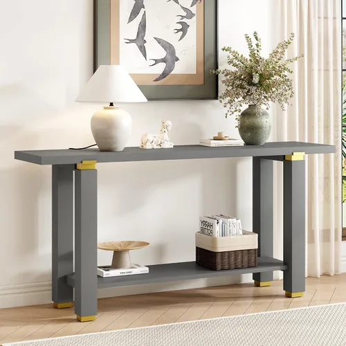 Miniatura 22 de Elegante mesa consola de 63 pulgadas con chapa de pino y patas geométricas, aparador de buffet versátil, mesa auxiliar de madera extra larga