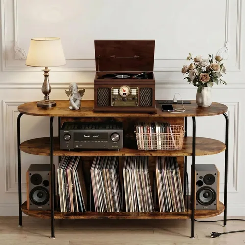 Miniatura 10 de Faesun Soporte grande para tocadiscos de 51.7 pulgadas con almacenamiento de discos de vinilo y tomas de corriente, gabinete de almacenamiento