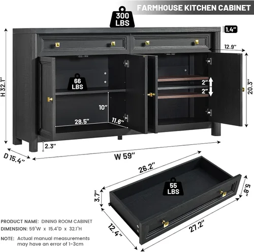 Miniatura 2 de Standifurno Gabinete de buffet de casa de campo, aparador grande de 59" con credenza de almacenamiento con estantes y 4 puertas, consola de barra