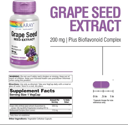 Miniatura 2 de SOLARAY Extracto de semilla de uva 200 mg más complejo bioflavonoide Apoyo cardiovascular saludable y de vasos sanguíneos 60 VegCaps