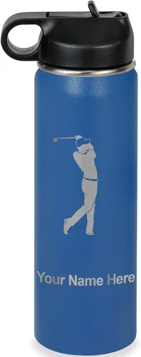 Miniatura 29 de LaserGram Botella de agua personalizada, golfista de golf, acero inoxidable de doble pared aislada al vacío con popote superior, regalo grabado Negro
