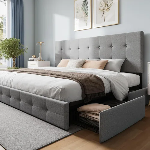 Miniatura 10 de WEEWAY Base de cama de plataforma tamaño Queen con 4 cajones de almacenamiento, cabecera capitonada con botones de puntada cuadrada, base de colchón