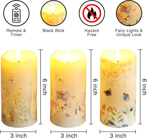 Miniatura 2 de Eywamage Velas de pilar de fibra óptica sin llama con control remoto, juego de 3, velas LED de resorte floral de mariposa, funciona