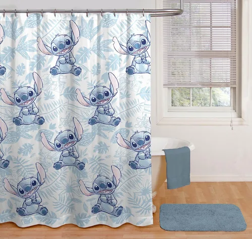 Miniatura 2 de Jay Franco Disney Lilo & Stitch - Cortina de ducha de tela para niños con gafas de sol y surf, con Stitch, 70 x 72 pulgadas, ganchos y varilla