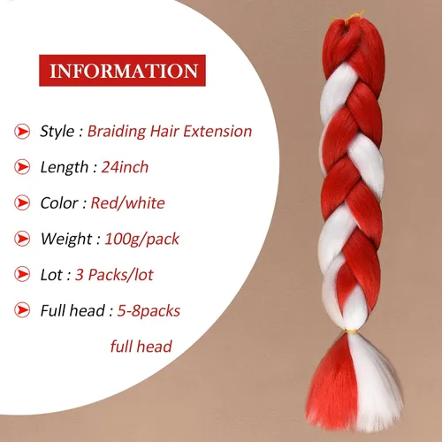 Miniatura 3 de Extensiones de cabello trenzado jumbo para niños y niñas, extensiones de cabello trenzado de bastón de caramelo, cabello trenzado rojo/blanco de 24