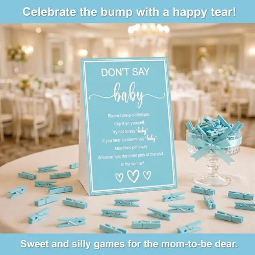 Miniatura 5 de Juegos de baby shower para niños, juego de Don't Say Baby Game, 1 letrero y 52 mini pines azules para ropa, juego de pinzas para ropa de baby shower