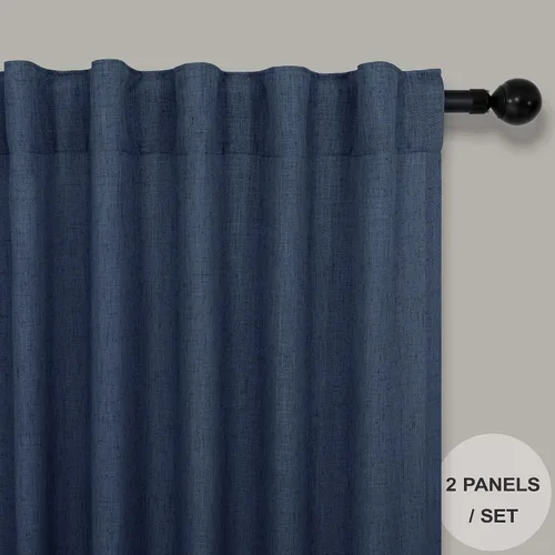 Miniatura 2 de Cortinas de lino azul marino, 2 paneles, presillas traseras, bolsillo para cortinero, filtra la luz, semitraslúcidas, azul oscuro para dormitorio