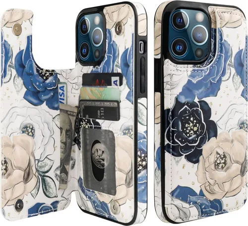 HAOPINSH Funda tipo cartera para iPhone 13 Pro Max con portarjetas, patrón de flores florecientes, funda de cuero con tapa trasera plegable,