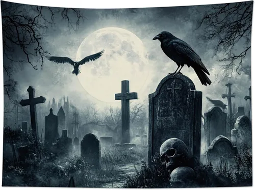 Miniatura 6 de EOBTAIN Scary Halloween Tapestry Gothic Black Crow Skull in Horror Graveyard Tapestry Wall Hanging Spooky Raven under Misty Full Moon Night Wall Art