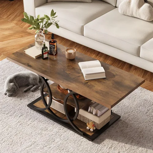 Miniatura 3 de GiftGo Mesa de café rústica con almacenamiento industrial de 3 niveles, mesa de centro de madera rectangular estilo granja para sala de estar, mesa