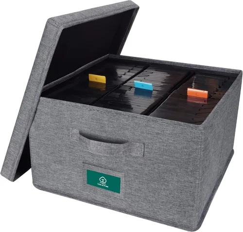 Miniatura 12 de Caja de almacenamiento de cinta de casete, práctico soporte de cinta de casete de 16.34 x 9.25 x 3.54 pulgadas, estante de casetes con tapas