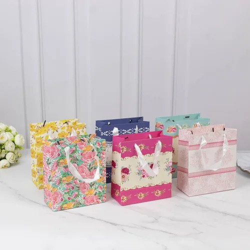 Miniatura 2 de Efavormart - Paquete de 12 bolsas de regalo de fiesta de té floral vintage de 6 x 7 x 3 pulgadas, bolsas de papel con asas de cinta para recuerdos