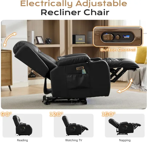 Miniatura 4 de URRED Silla reclinable eléctrica con masaje y calor para adultos, sofá reclinable eléctrico para cine en casa con luz ambiental, puertos USB