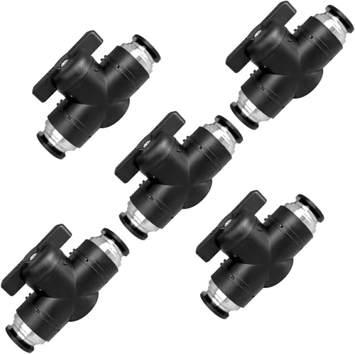 Válvula de control de flujo de aire de válvula de bola de empuje para conectar de 1/2 pulgada (5 unidades, negro, plástico, cuerpo de acero