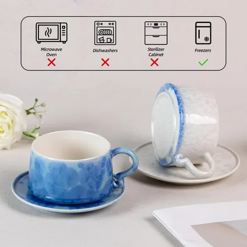 Miniatura 7 de Juego de 2 tazas de té y platillos KAMMAK, tazas de café de porcelana, 7.5oz tazas de expreso con esmalte cristalino, tazas de cerámica demitaza