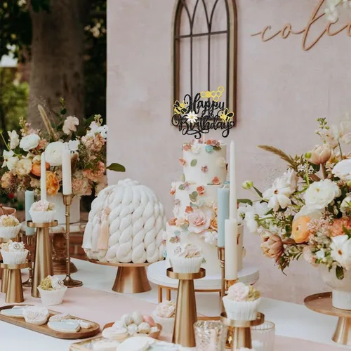 Miniatura 6 de 1 decoración para pastel de cumpleaños con purpurina de panal de abeja y flores, selección de pastel de feliz día para baby shower, suministros