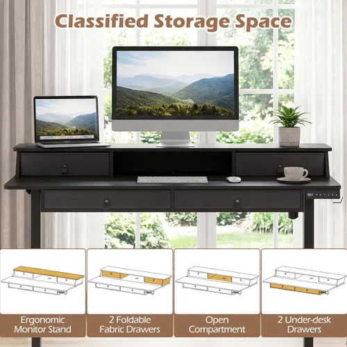 Miniatura 8 de Tangkula 55-Inch Electric Standing Desk with 4 Storage Drawers & Monitor Stand, Height Adjustable Stand Up Desk with 3 Memory Heights & Hook